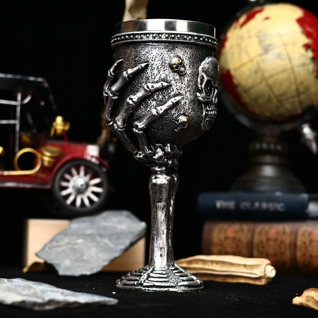 Silver Skull Goblet Stainless Steel Insert 3D Retro Gothic Fantasy Skeleton Wine Glass Halloween Beer Mug and Cup Halloween Gift